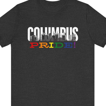 Gray Gay pride t-shirt featuring the Columbus skyline with rainbow accents and the LeVeque Tower – Designed by Queer Energy
