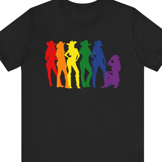 Black Tee with six cowgirls each in a different color of the LGBTQ rainbow – Designed by Queer Energy