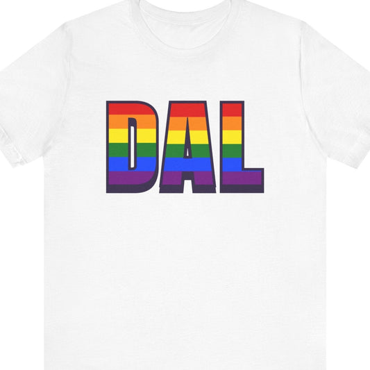 White T-shirt that says DAL | Dallas Love Field| Pride tee with the text in Pride rainbow colors