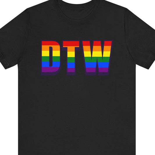 Black T-shirt that says DTW | Detroit | Pride tee with the text in Pride rainbow colors