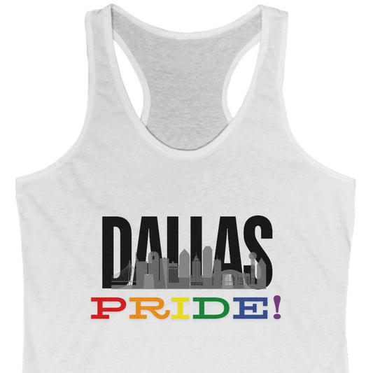 White Racer Back tank top that says Dallas with the Dallas skyline overlayed with Pride in LGBTQ Pride colors