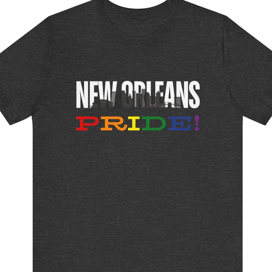 Dark Gray Gay pride t-shirt with bold "NEW ORLEANS PRIDE" text in rainbow colors – Designed by Queer Energy