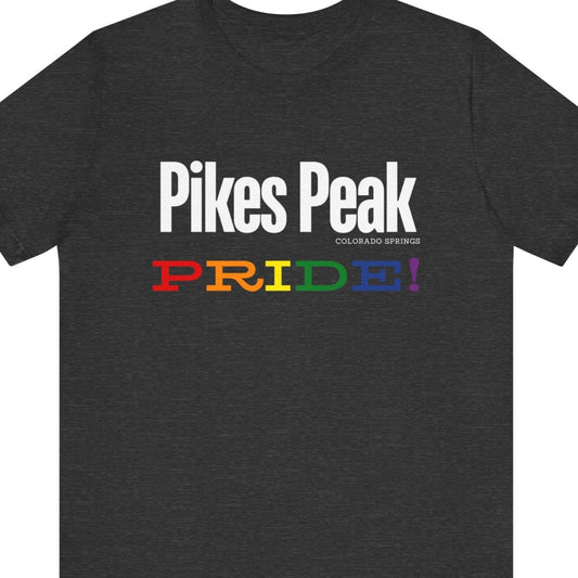 Dark Gray Gay pride t-shirt featuring the Colorado Springs skyline with rainbow accents – Designed by Queer Energy