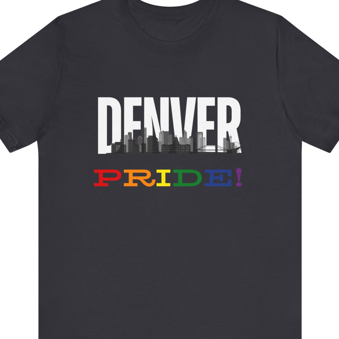 Gay pride gray t-shirt featuring the Denver skyline with rainbow accents – Designed by Queer Energy