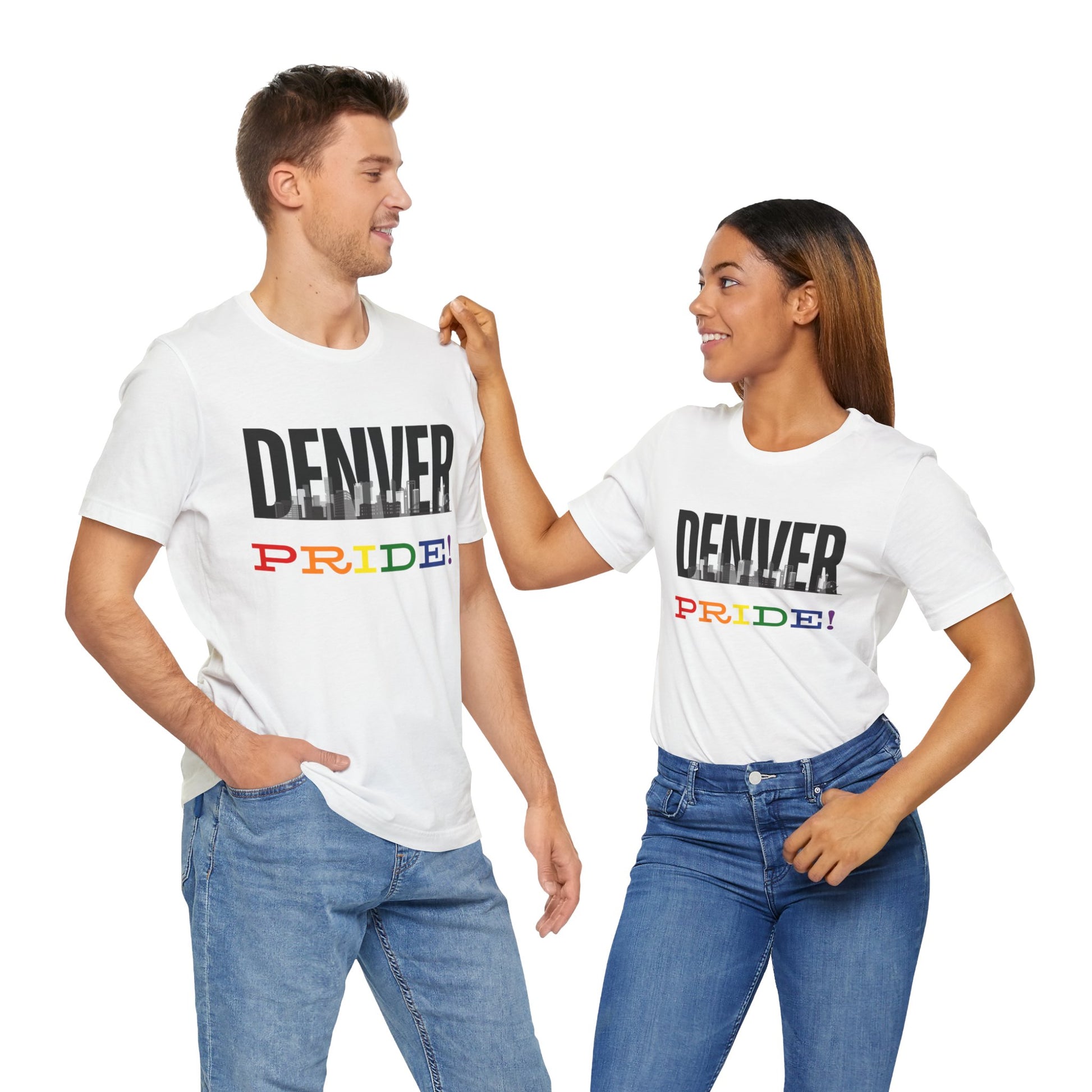 Gay pride t-shirt featuring the Denver skyline with rainbow accents – Designed by Queer Energy mockup of gay man and lesbian wearing the white tees