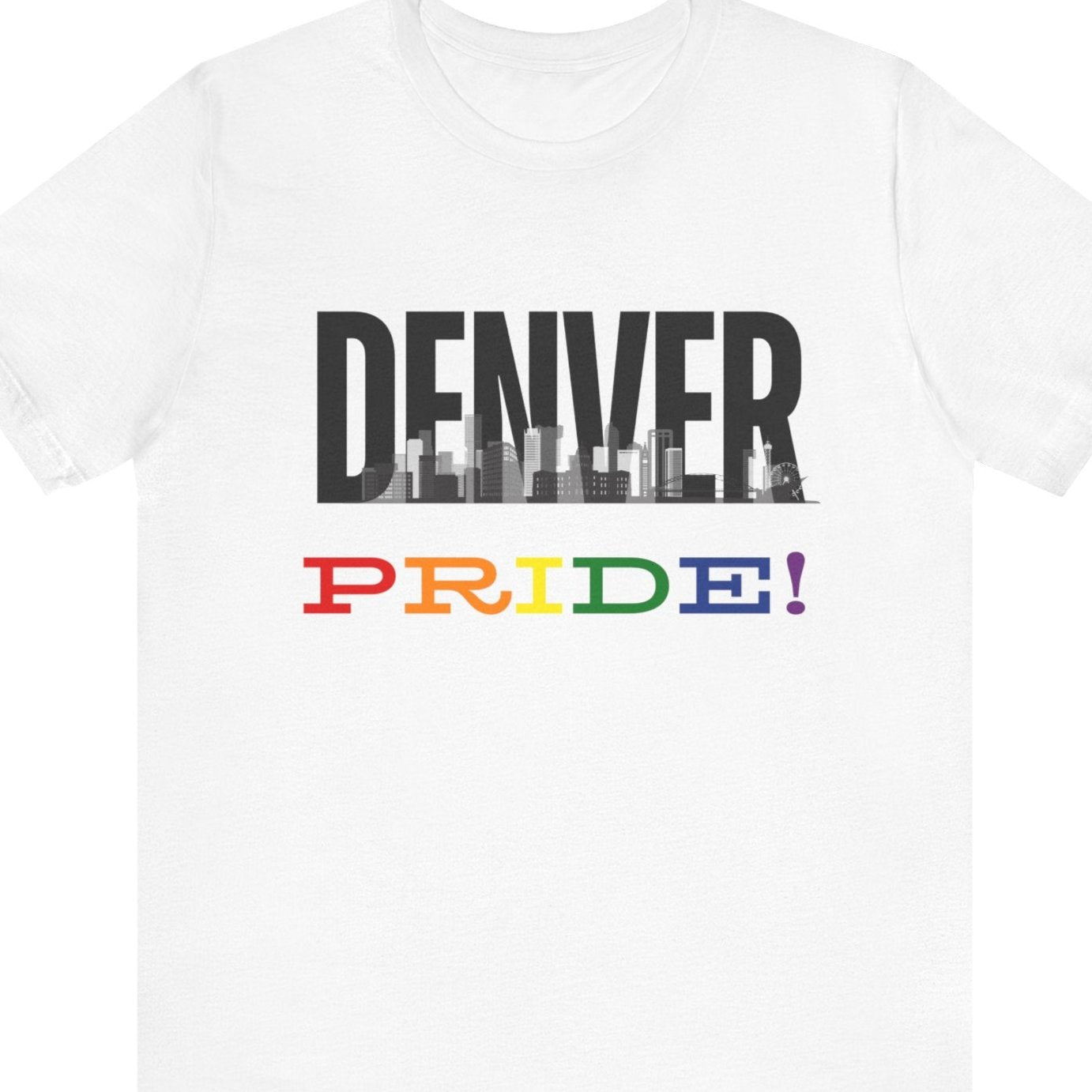 Gay pride white t-shirt featuring the Denver skyline with rainbow accents – Designed by Queer Energy