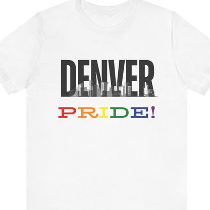 Gay pride white t-shirt featuring the Denver skyline with rainbow accents – Designed by Queer Energy