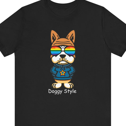 Funny Black LGBTQ tee that says “Doggy Style” with a cool dog in a leather jacket and rainbow sunglasses – Designed by Queer Energy