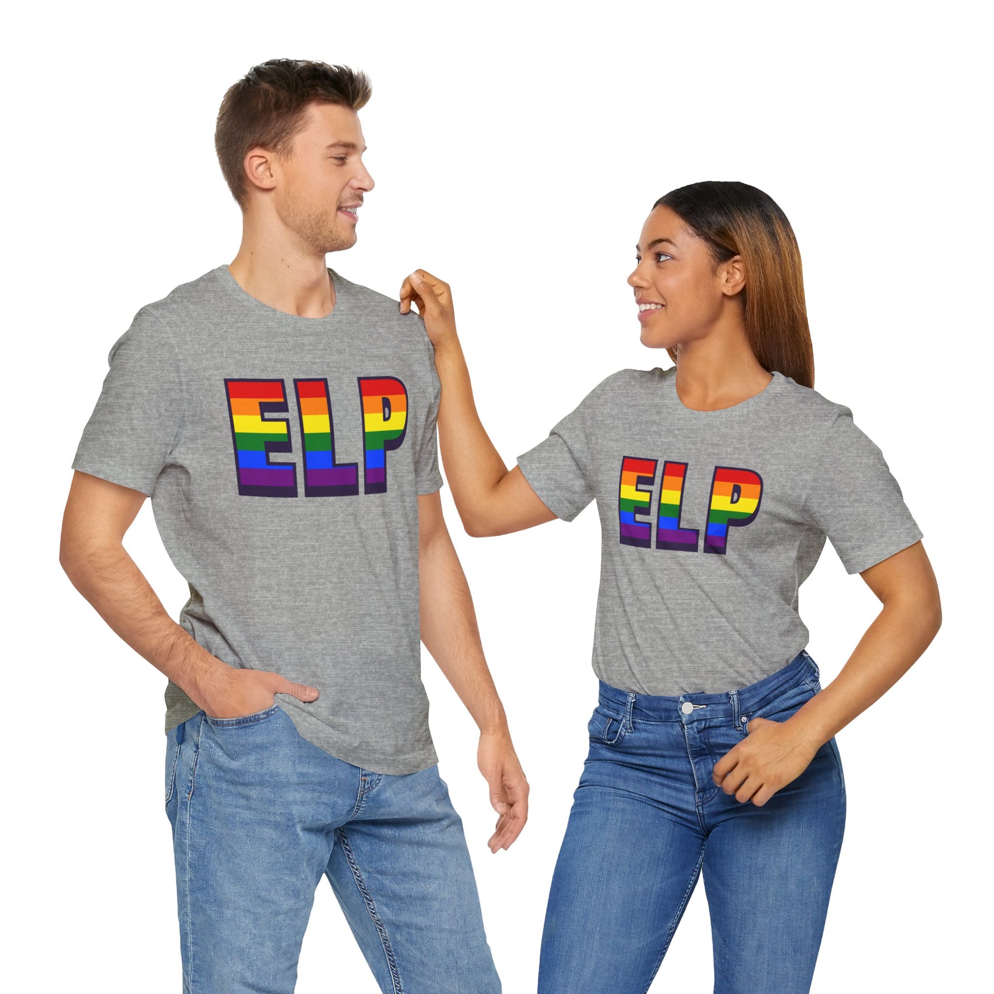 Gay people wearing a gray T-shirt that says ELP | El Paso | Pride tee with the text in Pride rainbow colors