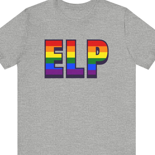 Gray T-shirt that says ELP | El Paso | Pride tee with the text in Pride rainbow colors
