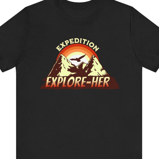 Funny lesbian tee with the bold “EXPEDITION EXPLORE-HER” design – Designed by Queer Energy in black