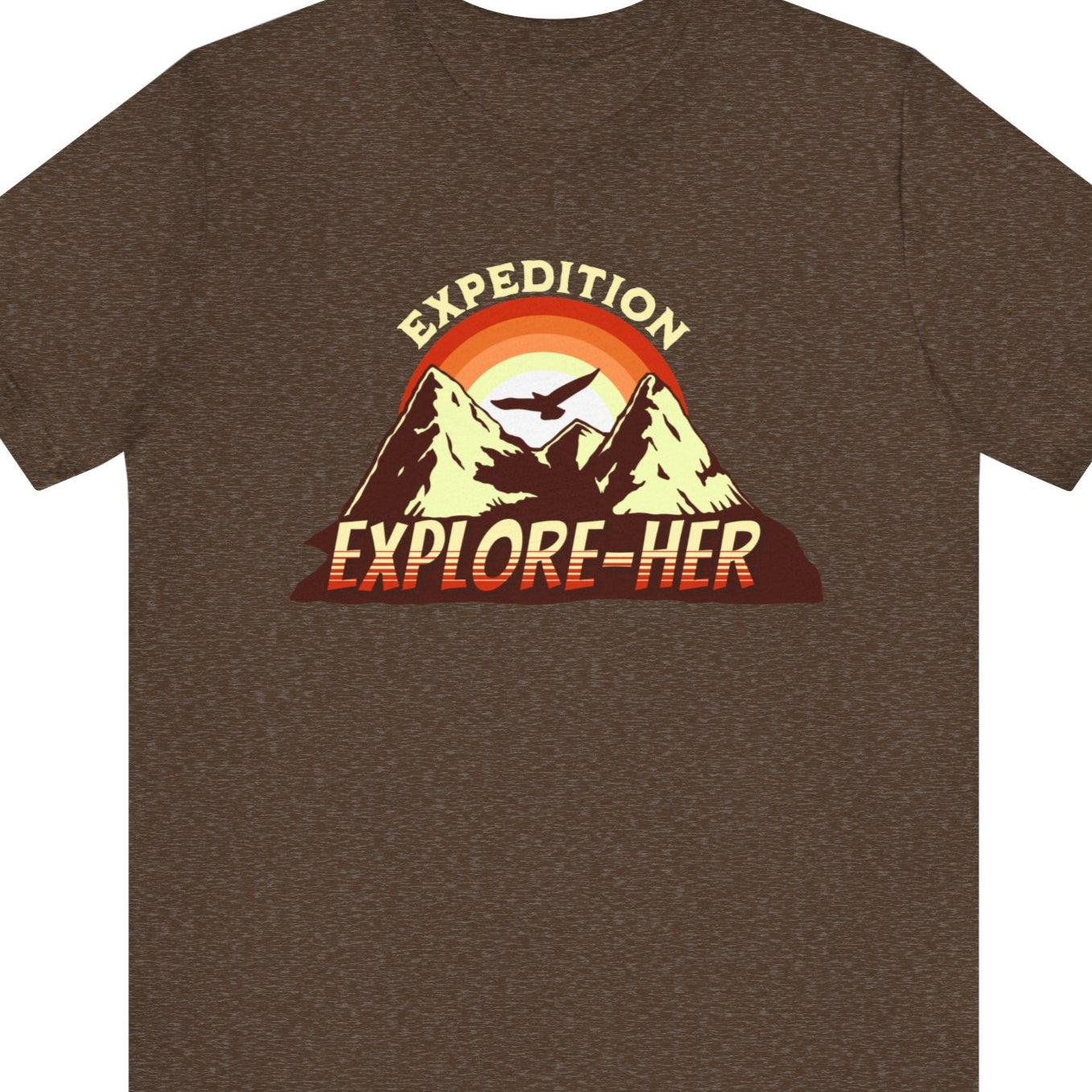 Funny lesbian tee with the bold “EXPEDITION EXPLORE-HER” design – Designed by Queer Energy in brown