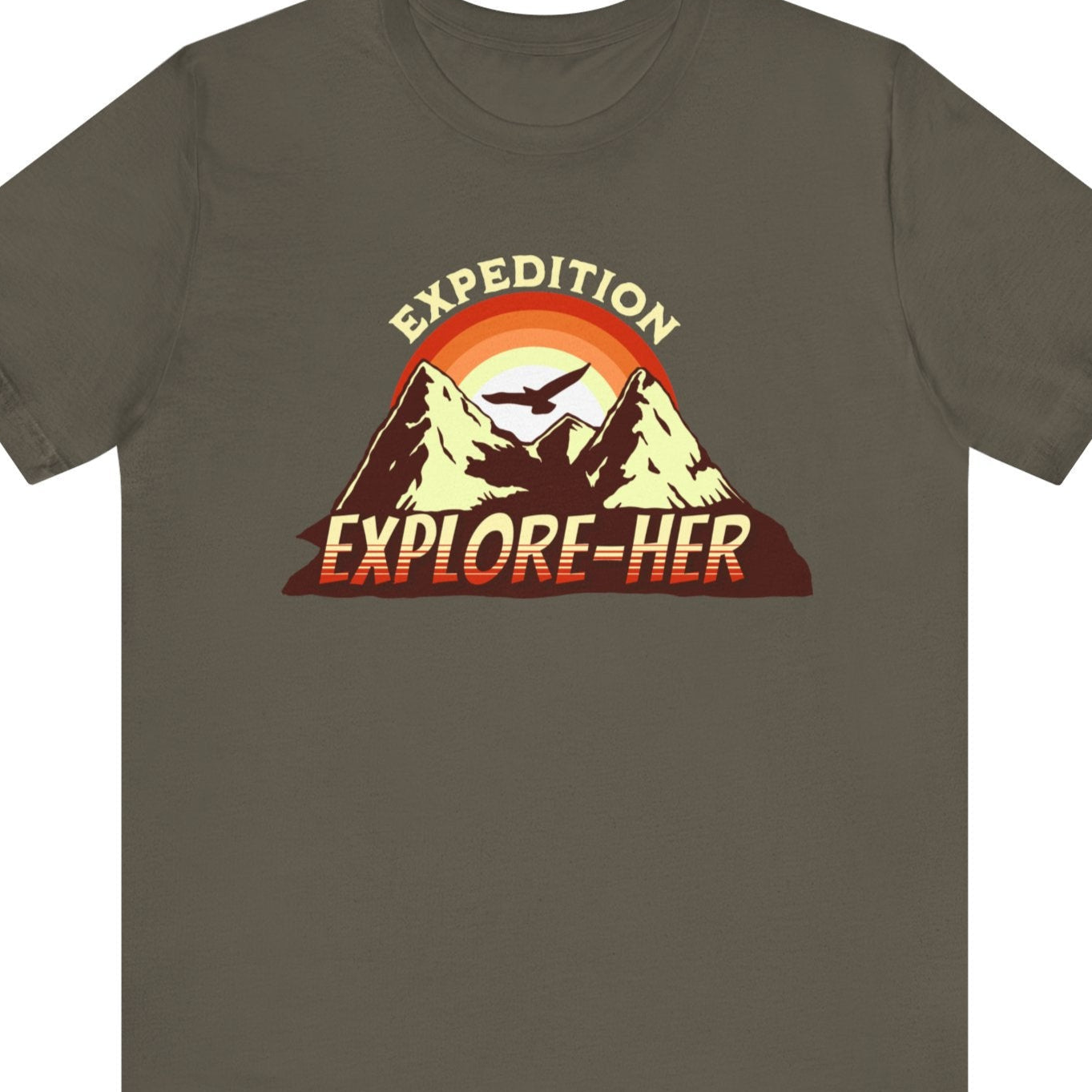 Funny lesbian tee with the bold “EXPEDITION EXPLORE-HER” design – Designed by Queer Energy in army green