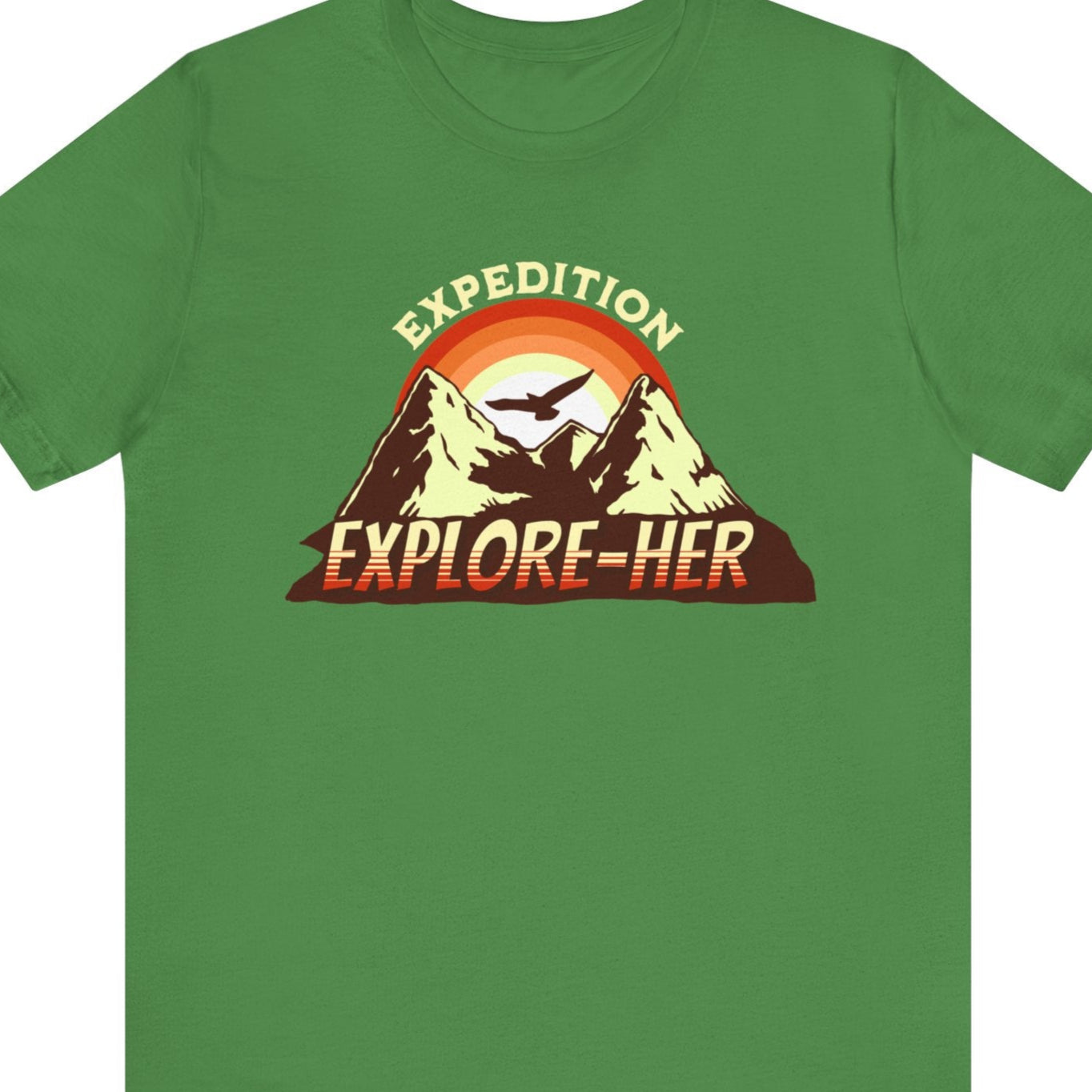 Funny lesbian tee with the bold “EXPEDITION EXPLORE-HER” design – Designed by Queer Energy in leaf green