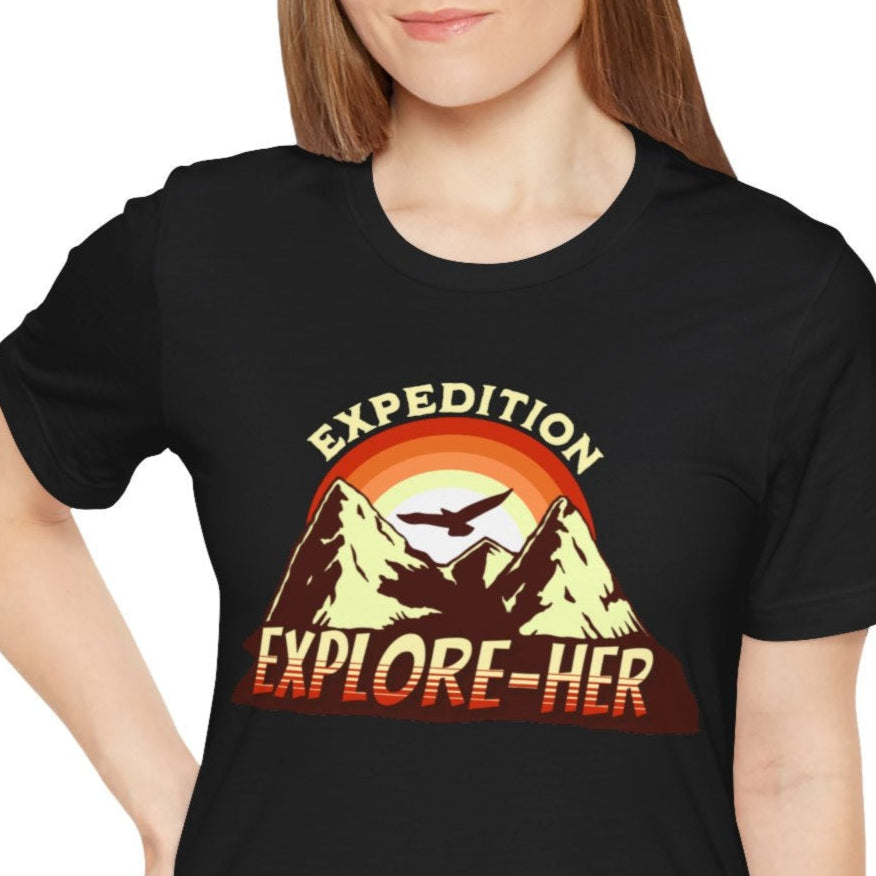 Funny lesbian tee with the bold “EXPEDITION EXPLORE-HER” design – Designed by Queer Energy mockup of lesbian wearing black tee