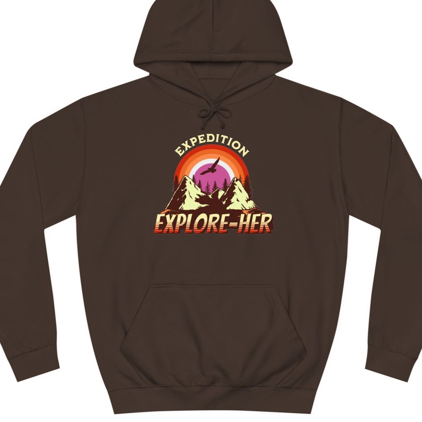 Gay pride hoodie featuring Expedition Explore-HER funny lesbian LGBTQ+ pun design – Designed by Queer Energy in brown
