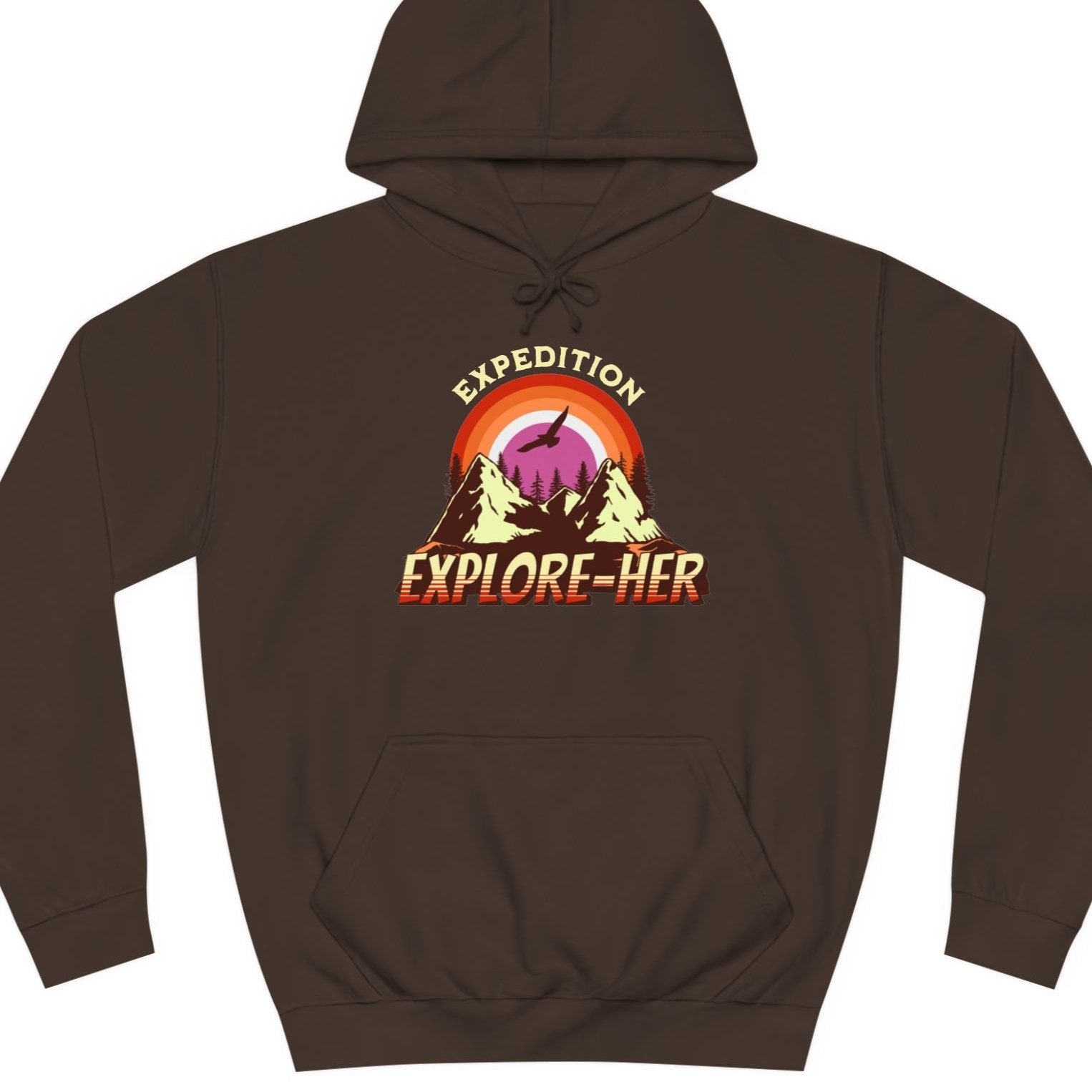Gay pride hoodie featuring Expedition Explore-HER funny lesbian LGBTQ+ pun design – Designed by Queer Energy in brown
