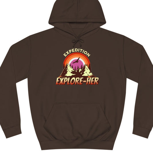 Gay pride hoodie featuring Expedition Explore-HER funny lesbian LGBTQ+ pun design – Designed by Queer Energy in brown