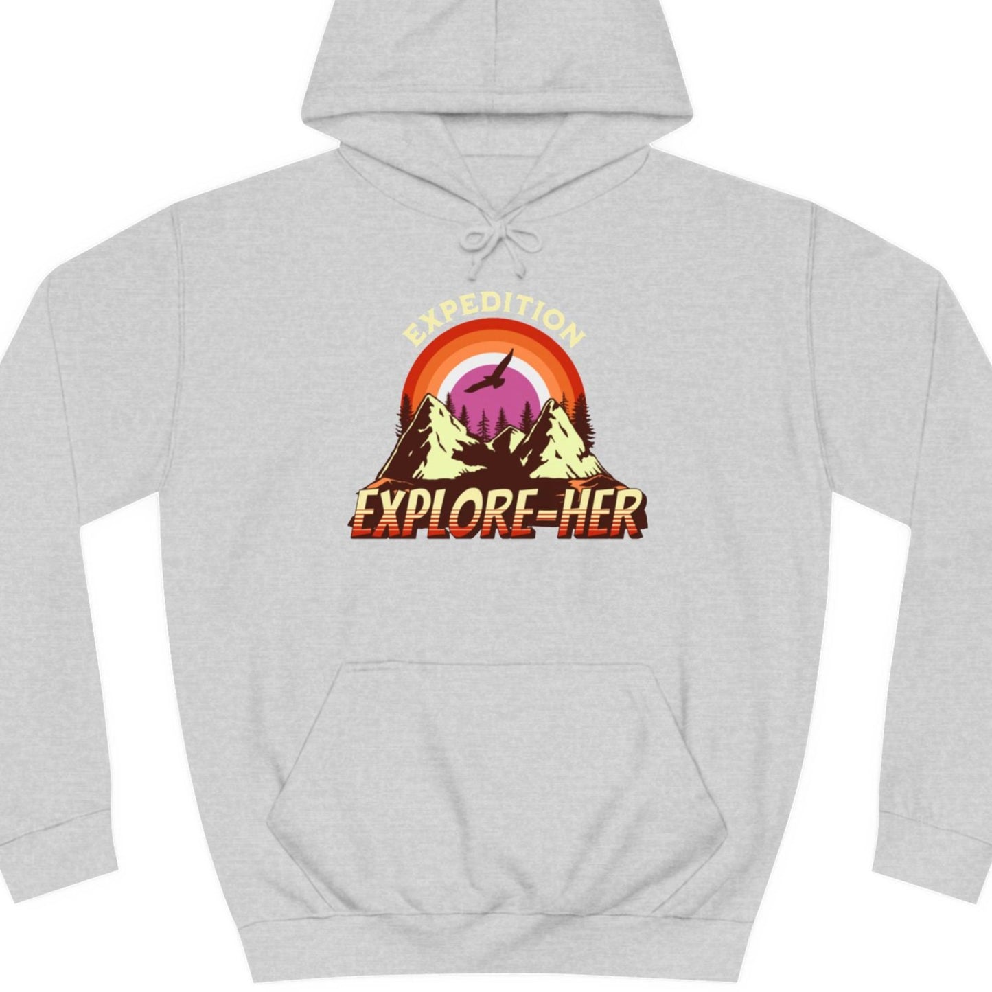 Gay pride hoodie featuring Expedition Explore-HER funny lesbian LGBTQ+ pun design – Designed by Queer Energy in heather gray