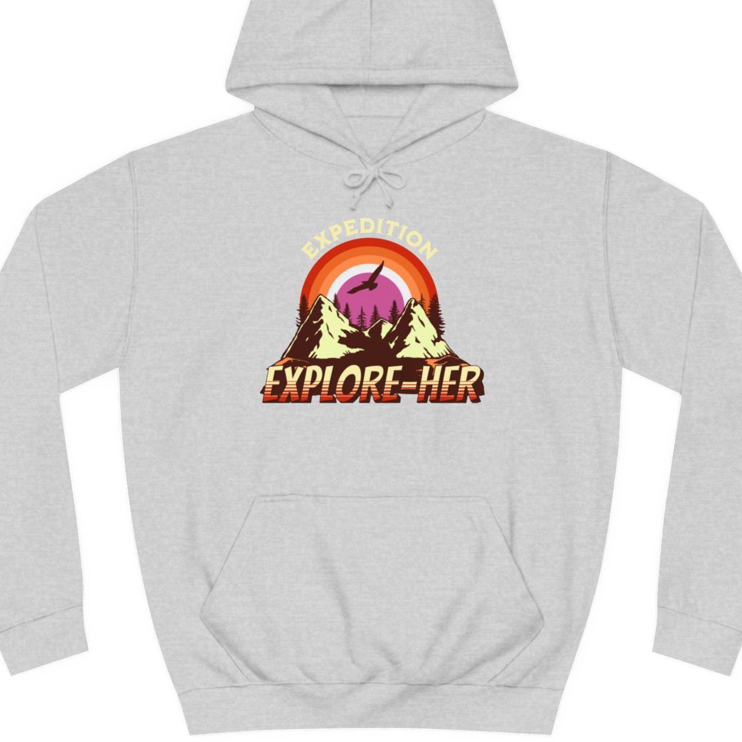 Gay pride hoodie featuring Expedition Explore-HER funny lesbian LGBTQ+ pun design – Designed by Queer Energy in heather gray