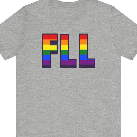 Gray T-shirt that says FLL | Fort Lauderdale| Pride tee with the text in Pride rainbow colors