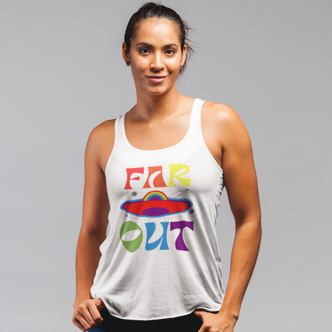 Mockup of Lesbian wearing a white "Far OUT" Gay Pride Racerback Tank featuring a bold and colorful rainbow design – Designed by Queer Energy