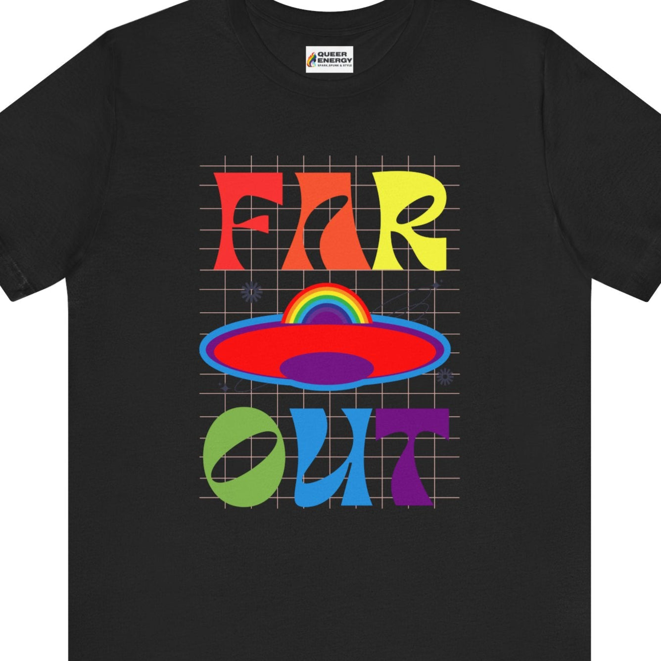 Black T-shirt with “Far OUT” in bold retro-style LGBTQ rainbow colors – Designed by Queer Energy