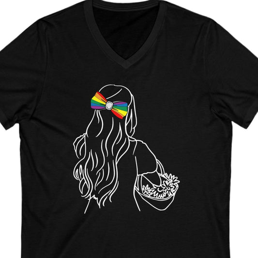 Black Gay pride t-shirt featuring a silhouette of a long-haired lesbian holding a flower basket with an LGBTQ rainbow bow in her hair – Designed by Queer Energy