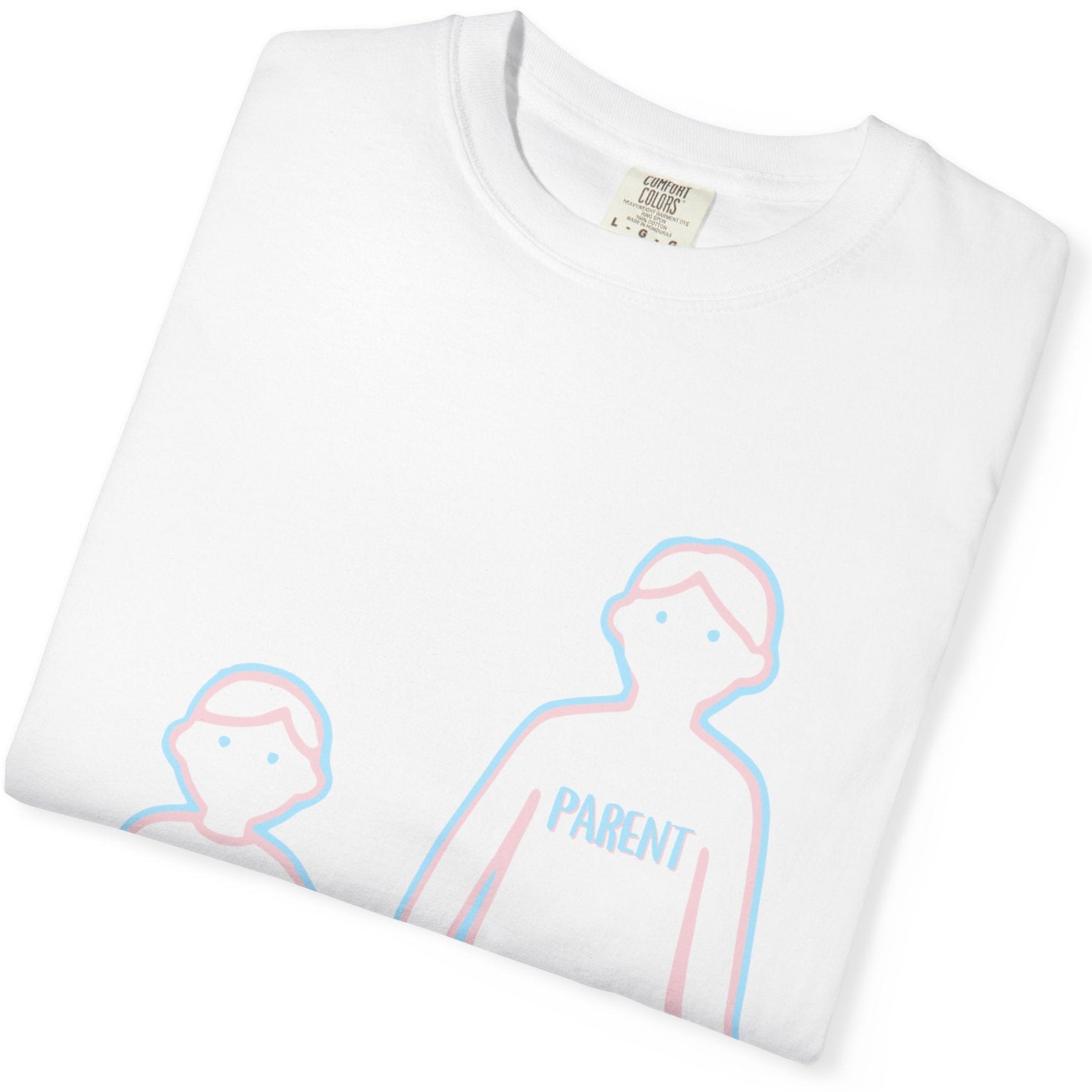 Folded Gay pride white tee featuring Trans Parent hand-holding kid's hand design in Trans Pride colors, Designed by Queer Energy.