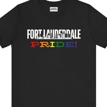 Gay pride t-shirt featuring Fort Lauderdale PRIDE rainbow skyline LGBTQ+ design – Designed by Queer Energy in black