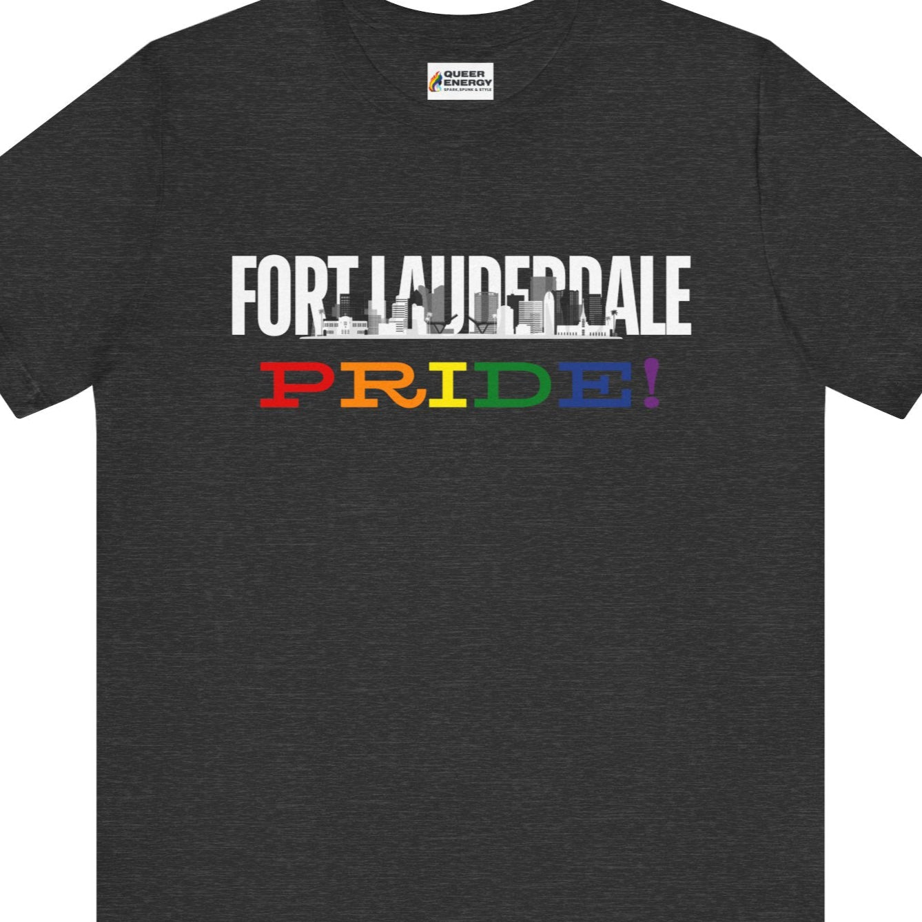 Gay pride t-shirt featuring Fort Lauderdale PRIDE rainbow skyline LGBTQ+ design – Designed by Queer Energy in dark gray
