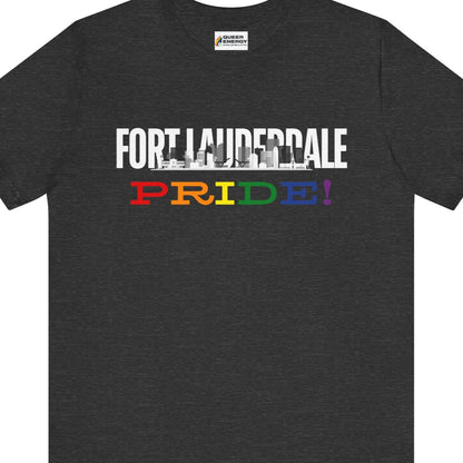 Gay pride t-shirt featuring Fort Lauderdale PRIDE rainbow skyline LGBTQ+ design – Designed by Queer Energy in dark gray
