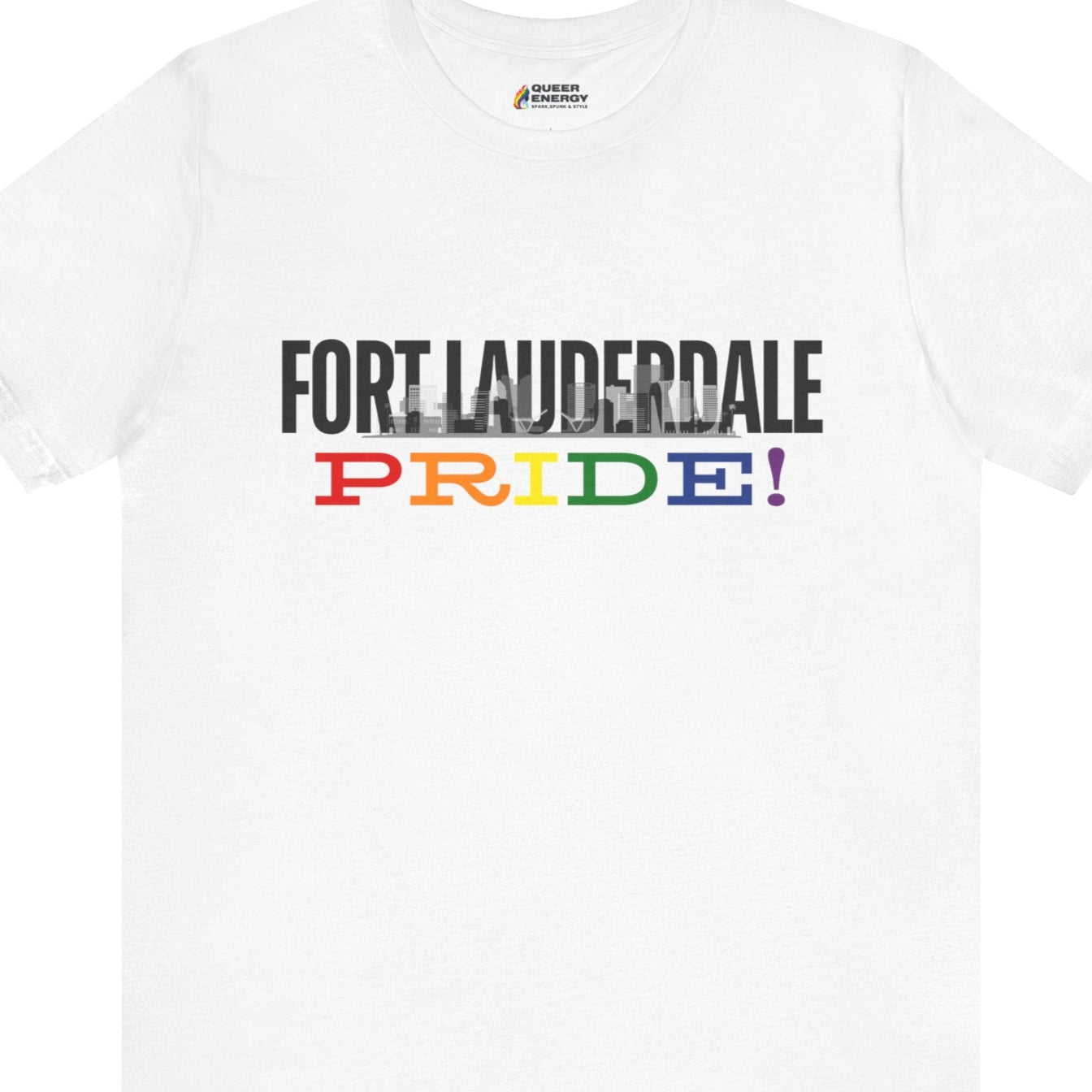 Gay pride t-shirt featuring Fort Lauderdale PRIDE rainbow skyline LGBTQ+ design – Designed by Queer Energy in white