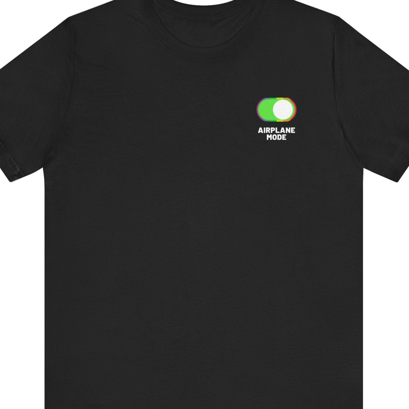 Front of black tee Gay pride t-shirt that says “Airplane Mode” on the front and has an airplane with LGBTQ rainbow colors on the back – Designed by Queer Energy