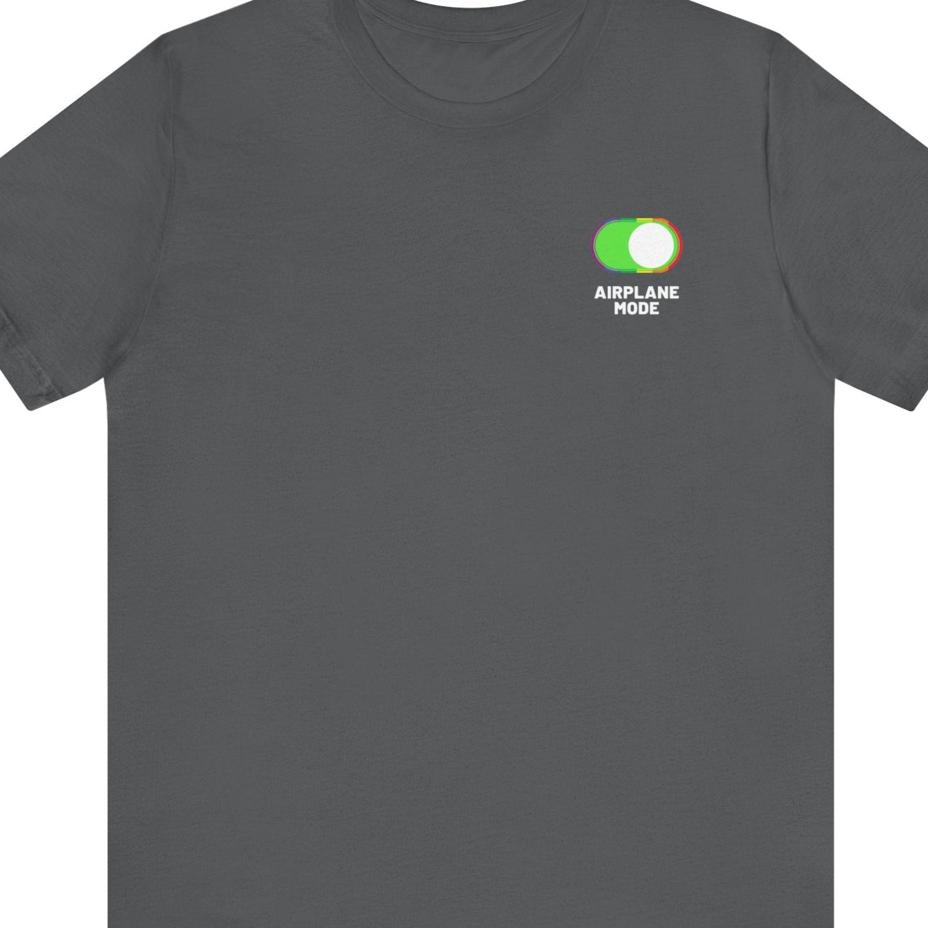 Front of gray Gay pride t-shirt that says “Airplane Mode” on the front and has an airplane with LGBTQ rainbow colors on the back – Designed by Queer Energy