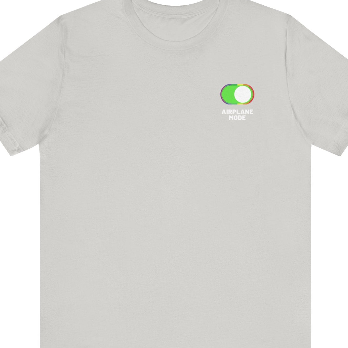 Front of gray Gay pride t-shirt that says “Airplane Mode” on the front and has an airplane with LGBTQ rainbow colors on the back – Designed by Queer Energy