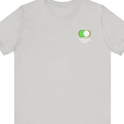 Front of gray Gay pride t-shirt that says “Airplane Mode” on the front and has an airplane with LGBTQ rainbow colors on the back – Designed by Queer Energy