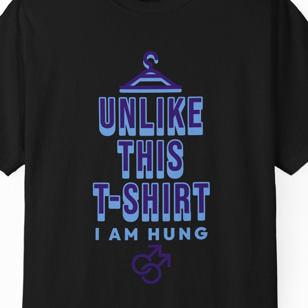 Funny gay pride black shirt featuring "Unlike This T-Shirt, I Am Hung" text with male symbols, designed by Queer Energy.