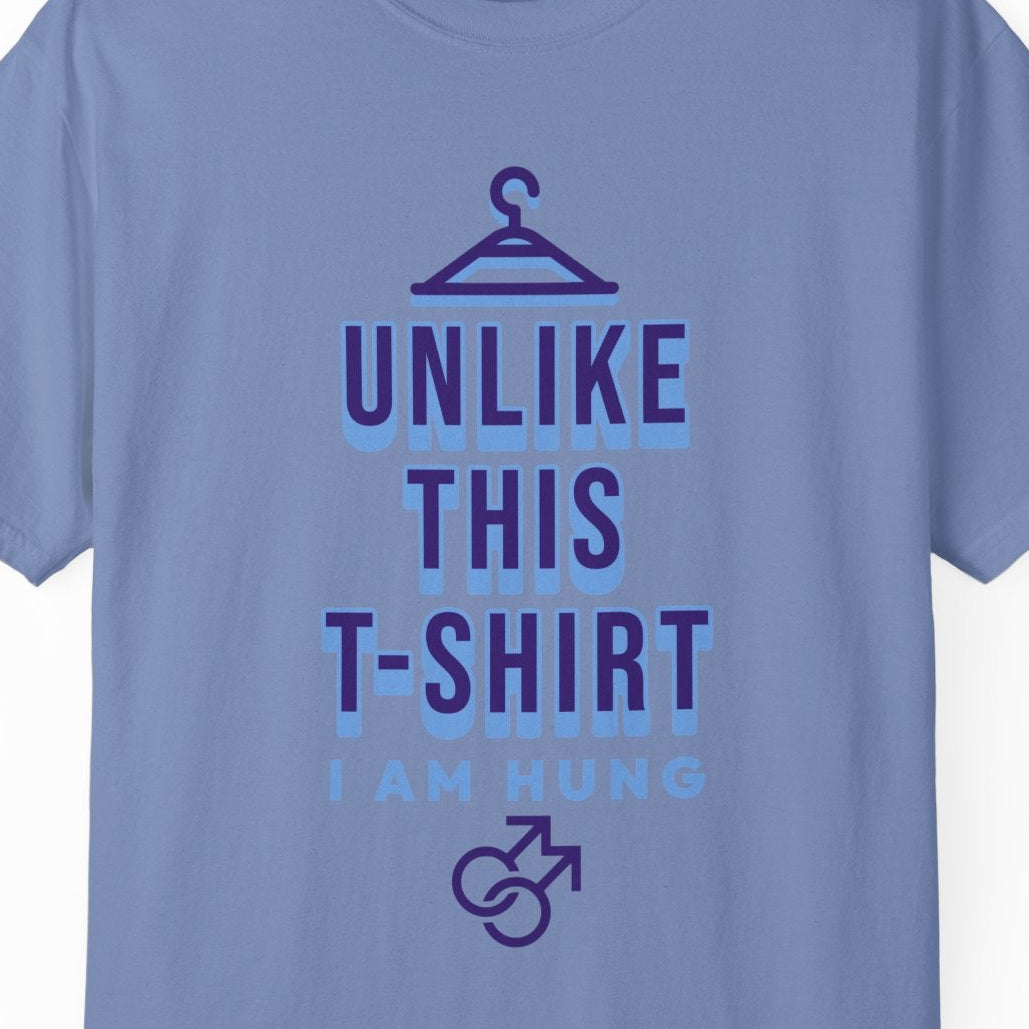 Funny gay pride denim tee featuring "Unlike This T-Shirt, I Am Hung" text with male symbols, designed by Queer Energy.