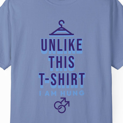 Funny gay pride denim tee featuring "Unlike This T-Shirt, I Am Hung" text with male symbols, designed by Queer Energy.