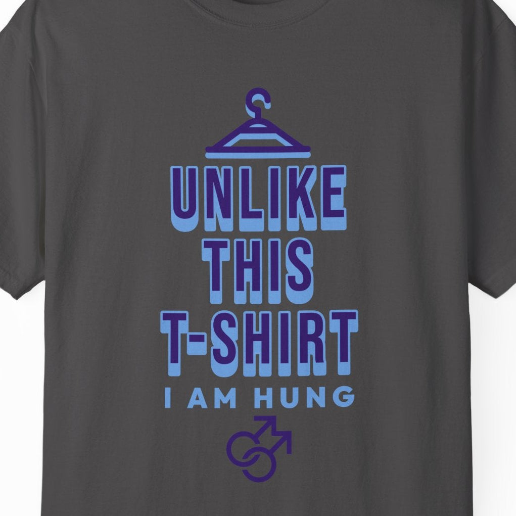 Funny gay pride gray tee featuring "Unlike This T-Shirt, I Am Hung" text with male symbols, designed by Queer Energy.