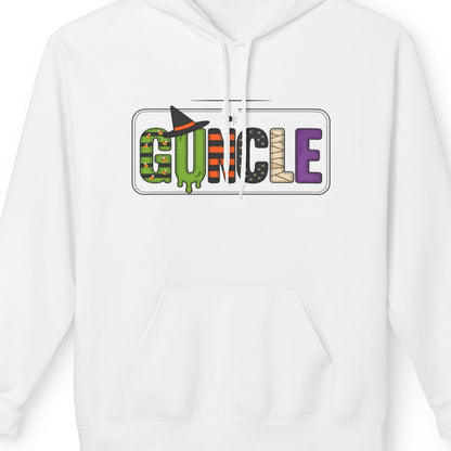 Funny gay pride white hoodie featuring colorful patchwork GUNCLE Halloween lettering with candy corn, witch hat, Frankenstein slime, mummy wrap, spider web, and spooky details. Designed by Queer Energy.