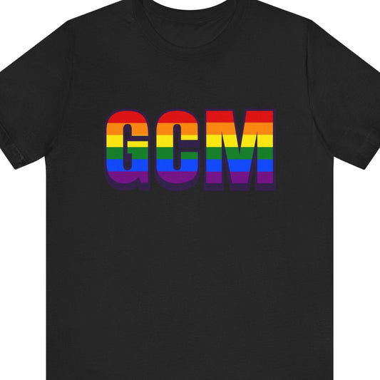 Black T-shirt that says GCM | Cayman Islands| Pride tee with the text in Pride rainbow colors