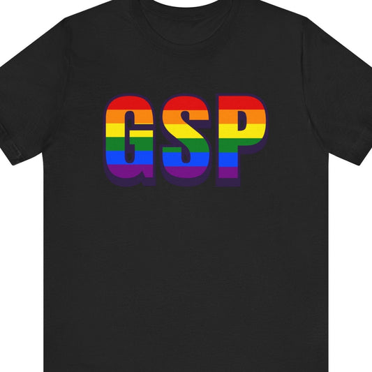 Black T-shirt that says GSP | Greenville-Spartanburg International Airport | Pride tee with the text in Pride rainbow colors
