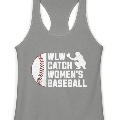 Gay gray pride tank featuring WLW Catch Women's Baseball design with baseball and catcher silhouette for lesbian and women's baseball fans. Designed by Queer Energy.