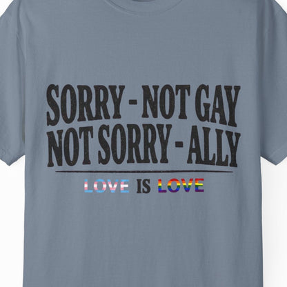 Gay pride Ally blue tee featuring Sorry Not Gay Not Sorry Ally text with Love Is Love by Queer Energy.