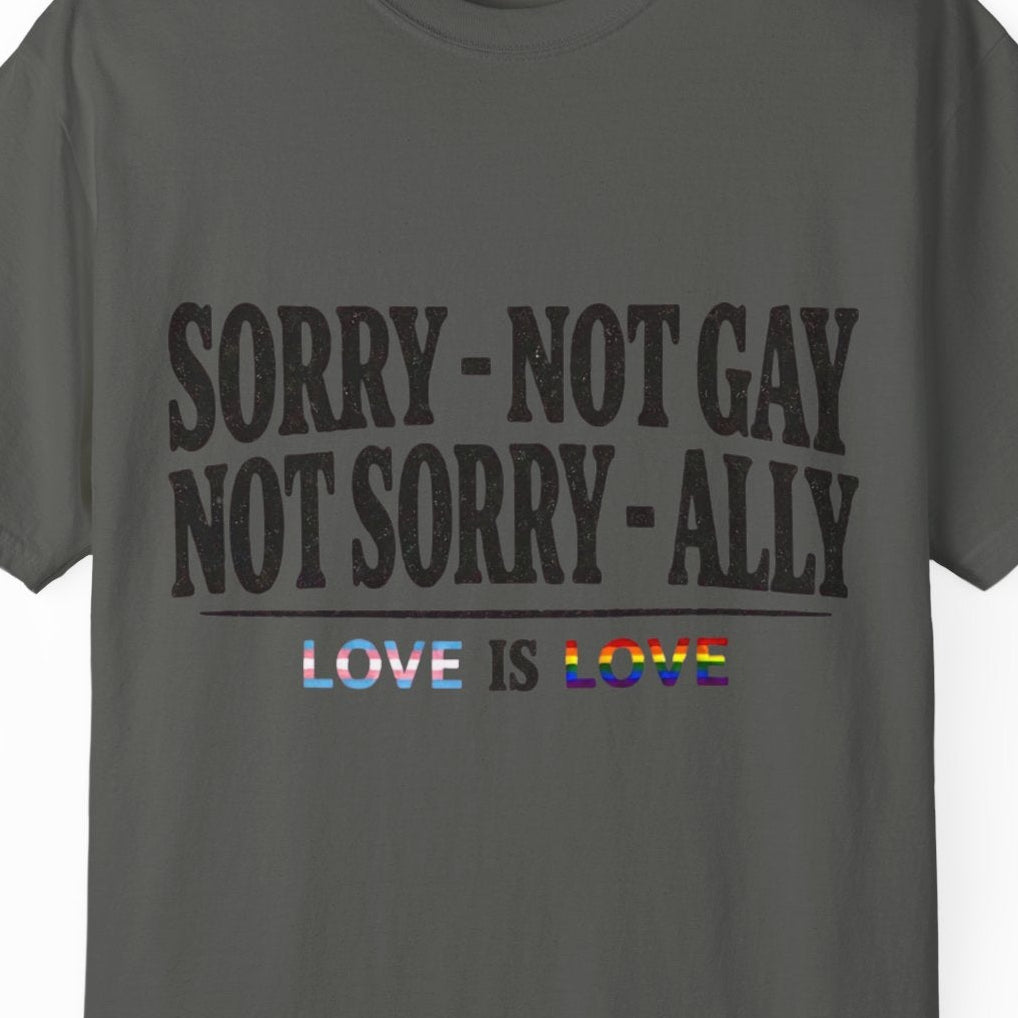 Gay pride Ally gray tee featuring Sorry Not Gay Not Sorry Ally text with Love Is Love by Queer Energy.