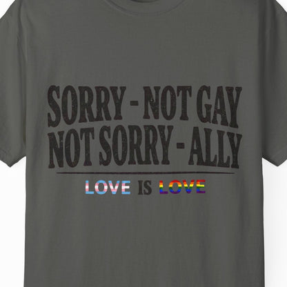 Gay pride Ally gray tee featuring Sorry Not Gay Not Sorry Ally text with Love Is Love by Queer Energy.