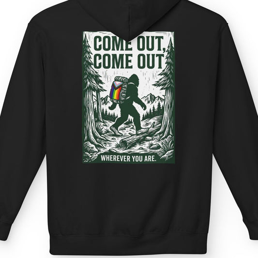 Gay pride black hoodie featuring Come Out, Come Out, Wherever You Are - Bigfoot design with Progress Pride backpack on the back by Queer Energy