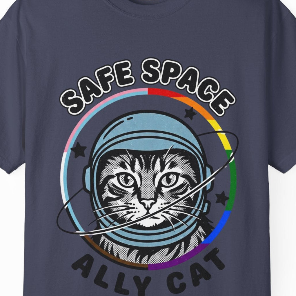 Gay pride blue tee featuring a cat astronaut inside a rainbow ring with Safe Space Ally Cat design by Queer Energy.